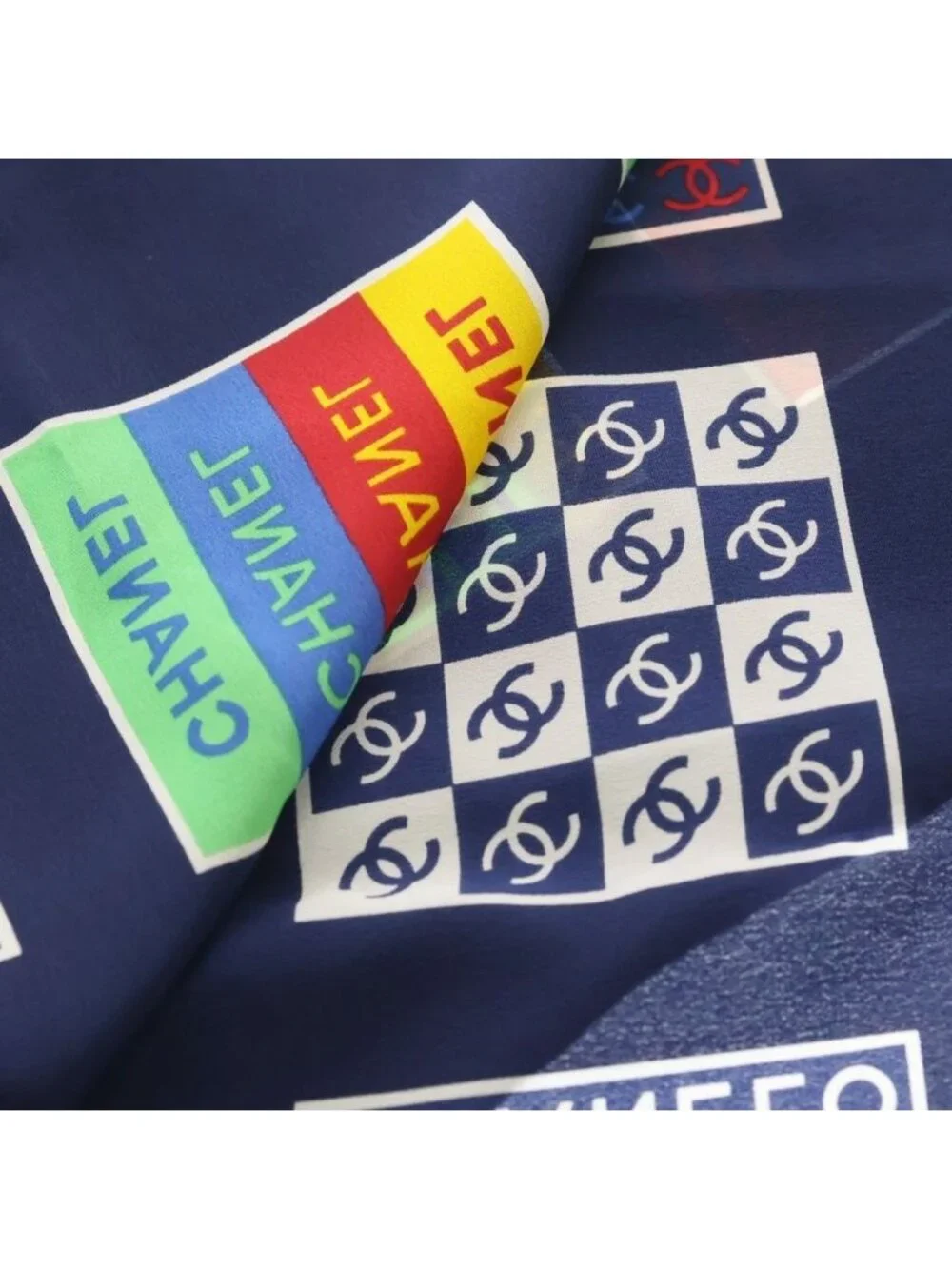 Chanel CC Logo Allover Print Silk Scarf Navy